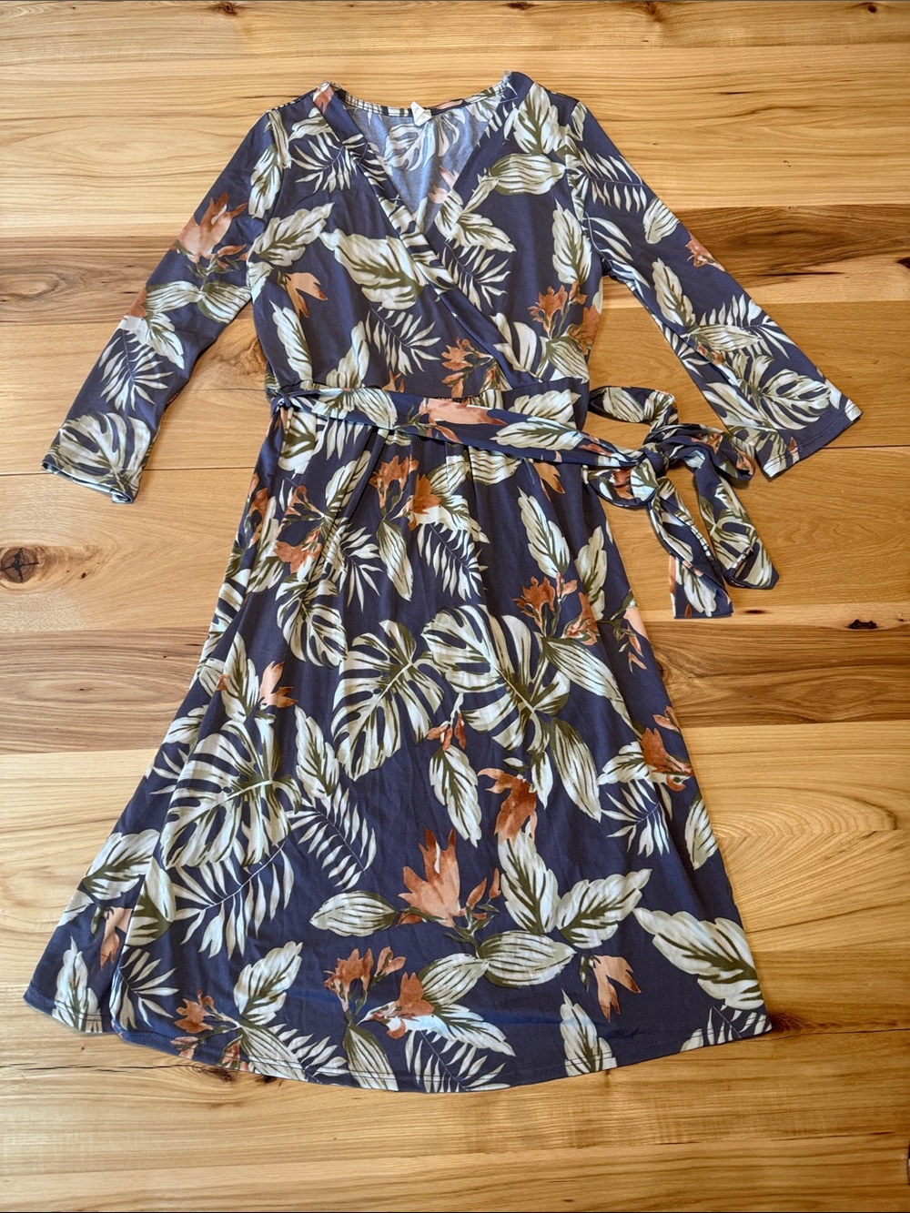 Pinkblush Navy Floral Wrap Midi Dress with Green and Tan Leaves
